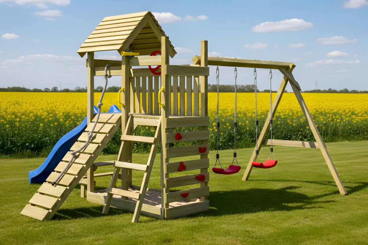 Spielturm Cris Abenteuer mit Kletterrampe Kletterwand und Doppelschaukel