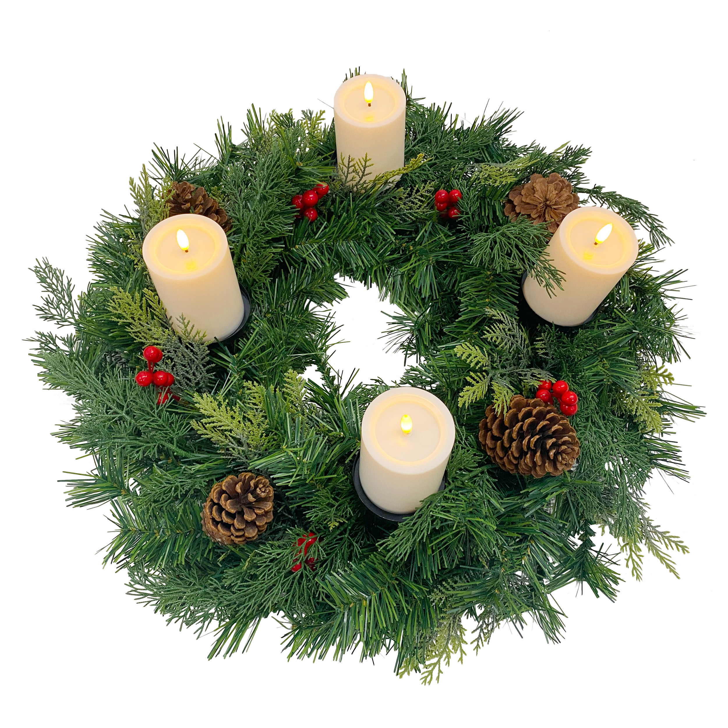 Künstlicher Adventskranz Weihnachtsdeko mit echten Zapfen und roten Beeren geschmückt