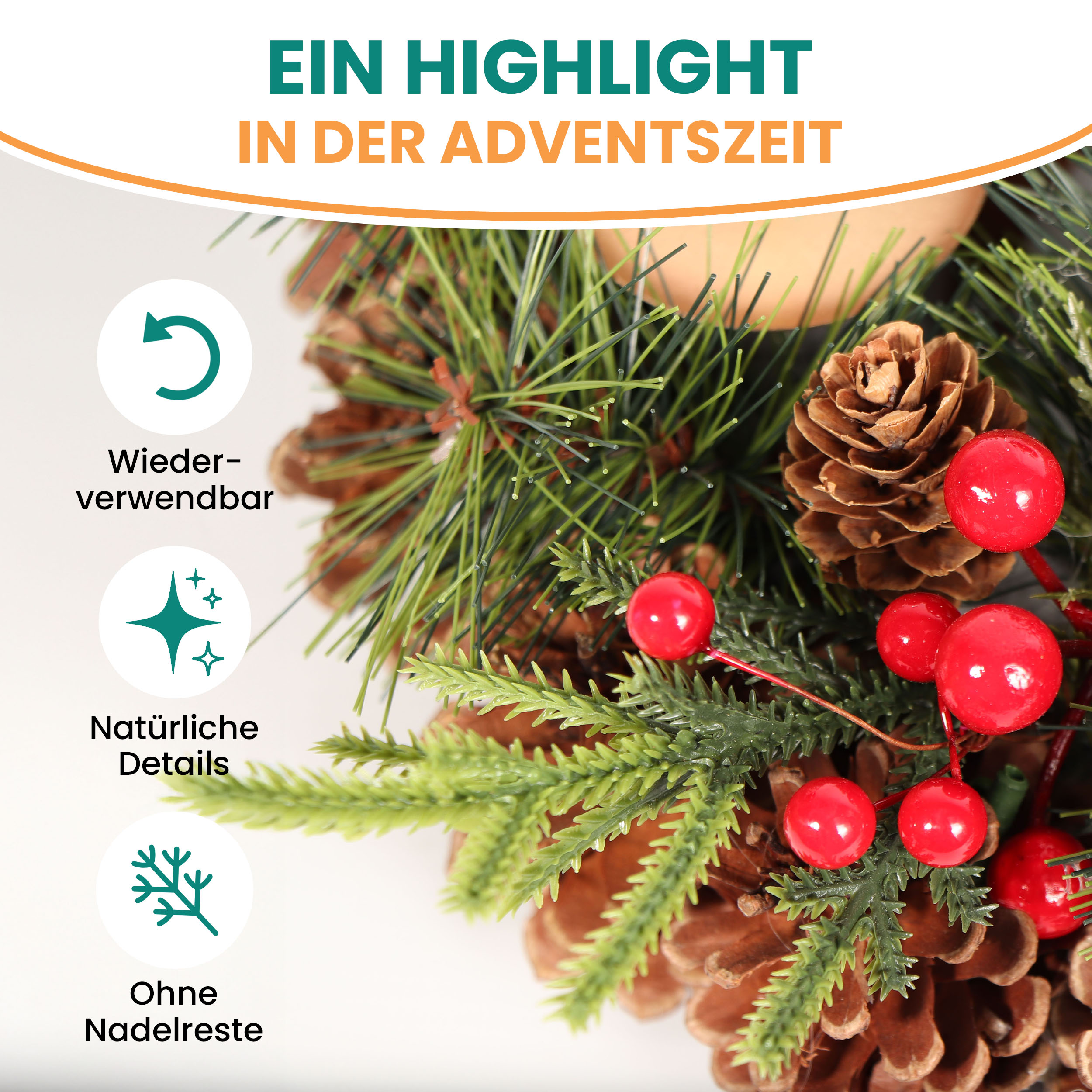 Künstlicher Adventskranz Weihnachtsdeko mit echten Zapfen und roten Beeren geschmückt
