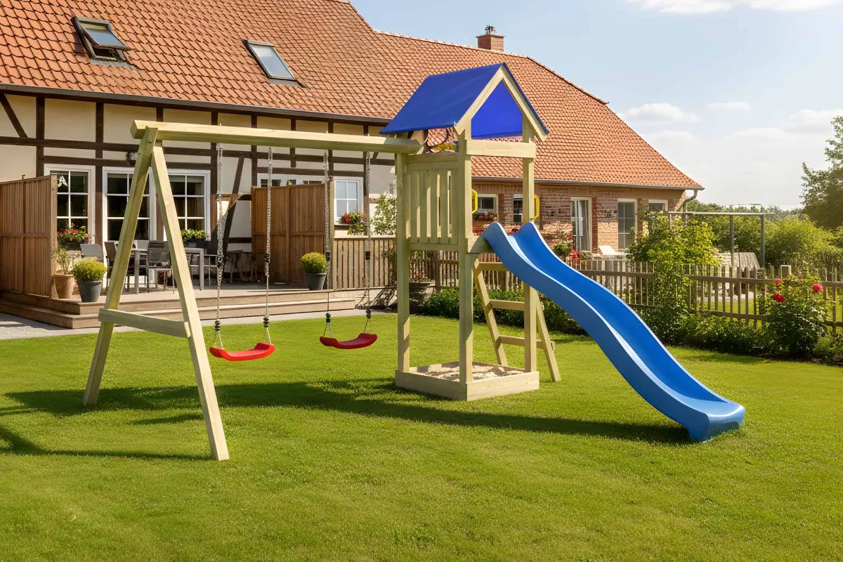 Spielturm Julia Fun mit roter Rutsche und Doppelschaukel