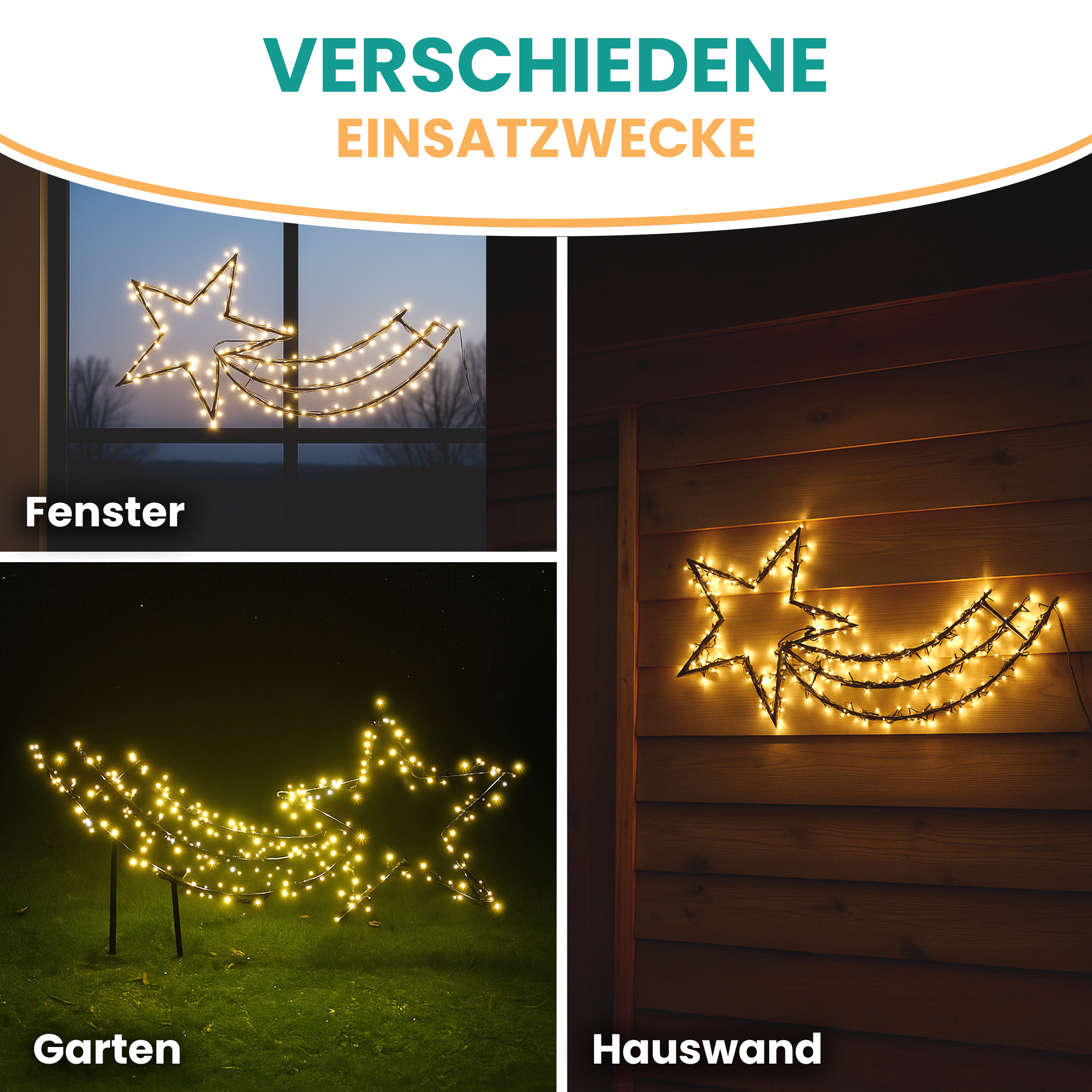 Sternschnuppe 60 x 115 cm mit Erdspieß Silhouette Komet 350 LED warmweiß Timer