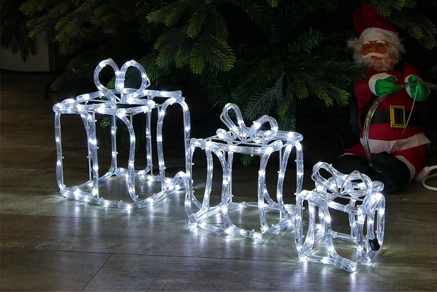 B-Ware Geschenkboxen 2 x 3er-Set aus Drahtgestell und Lichtschlauch mit 180 LED kaltweiß