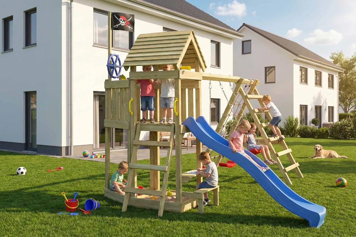 Spielturm Lina Max mit Doppelschaukel Tisch und Kletterbereich