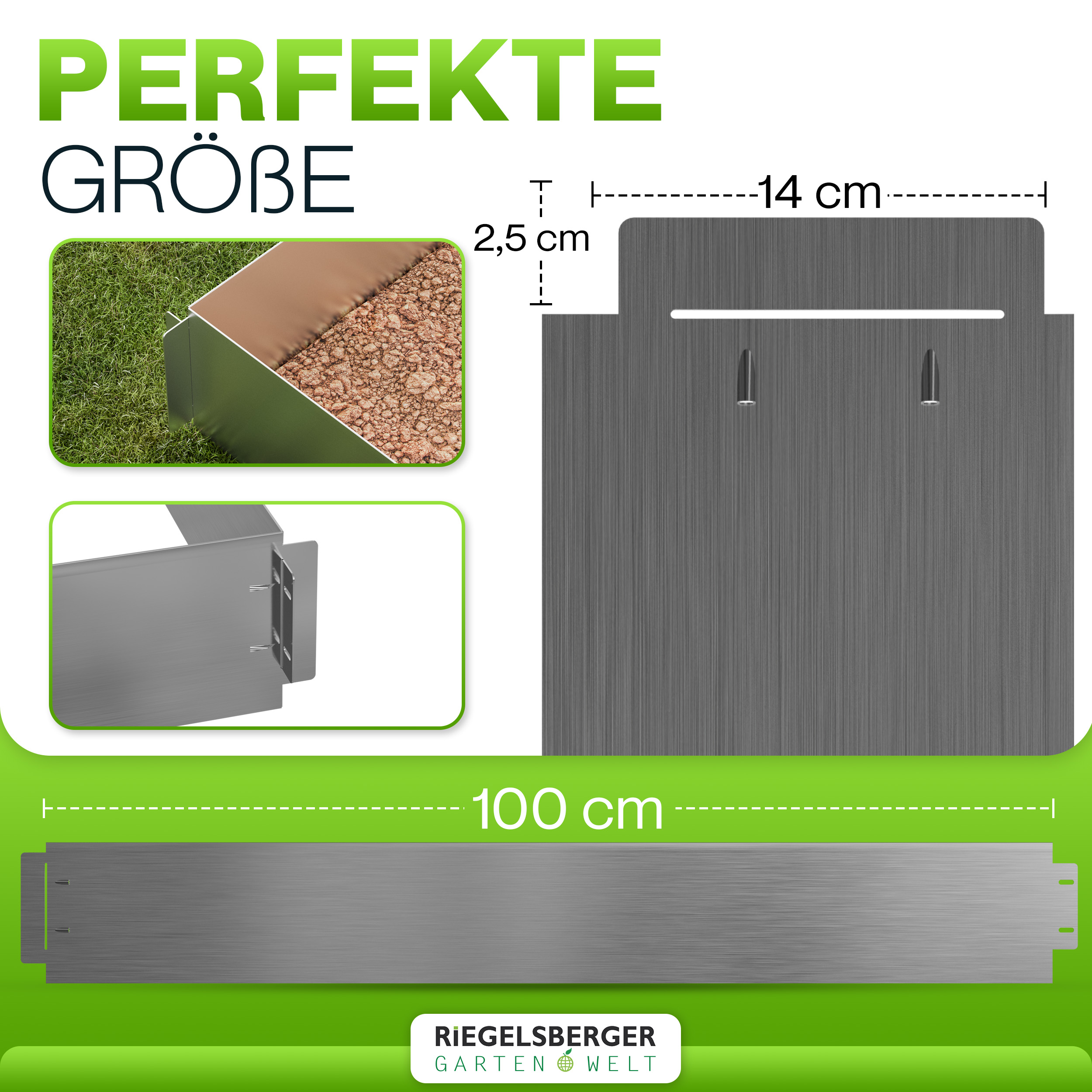 Rasenkante Metall verzinkt 500 cm (5x100 cm) Höhe 18 cm Mähkante Beeteinfassung