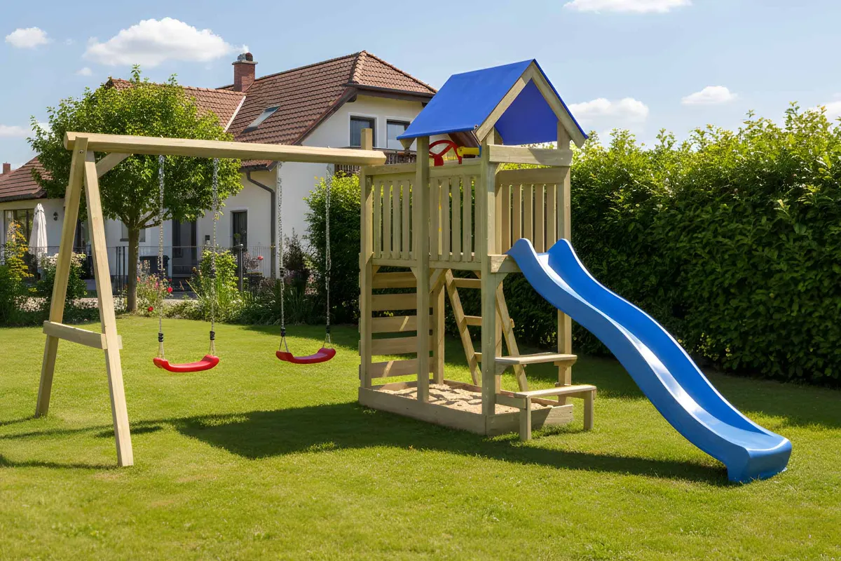 Spielturm Lucia Abenteuer mit Doppelschaukel und Kletterwand