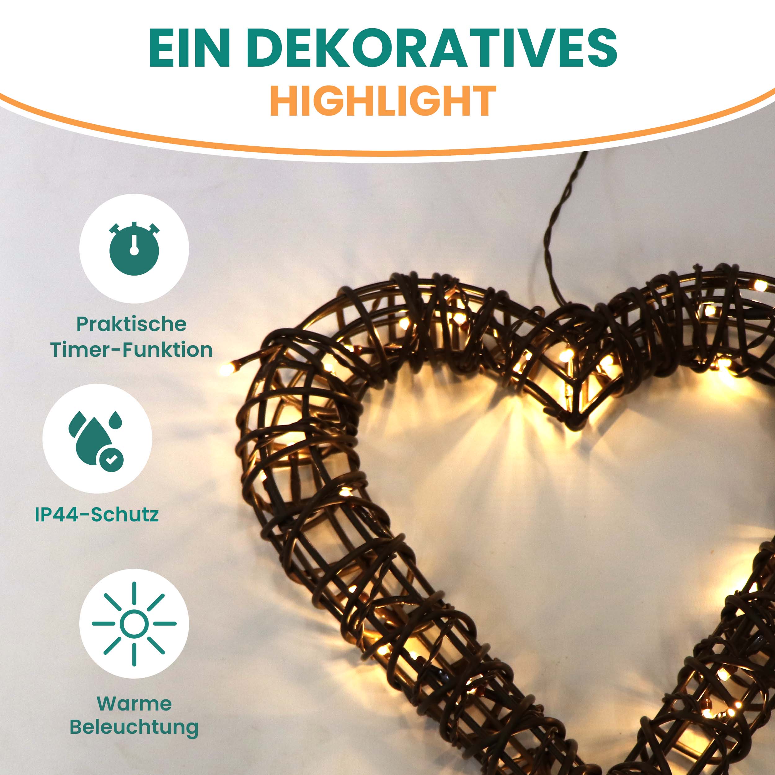 LED Herz Rattan-Optik warmweiß batteriebetrieben mit Timer