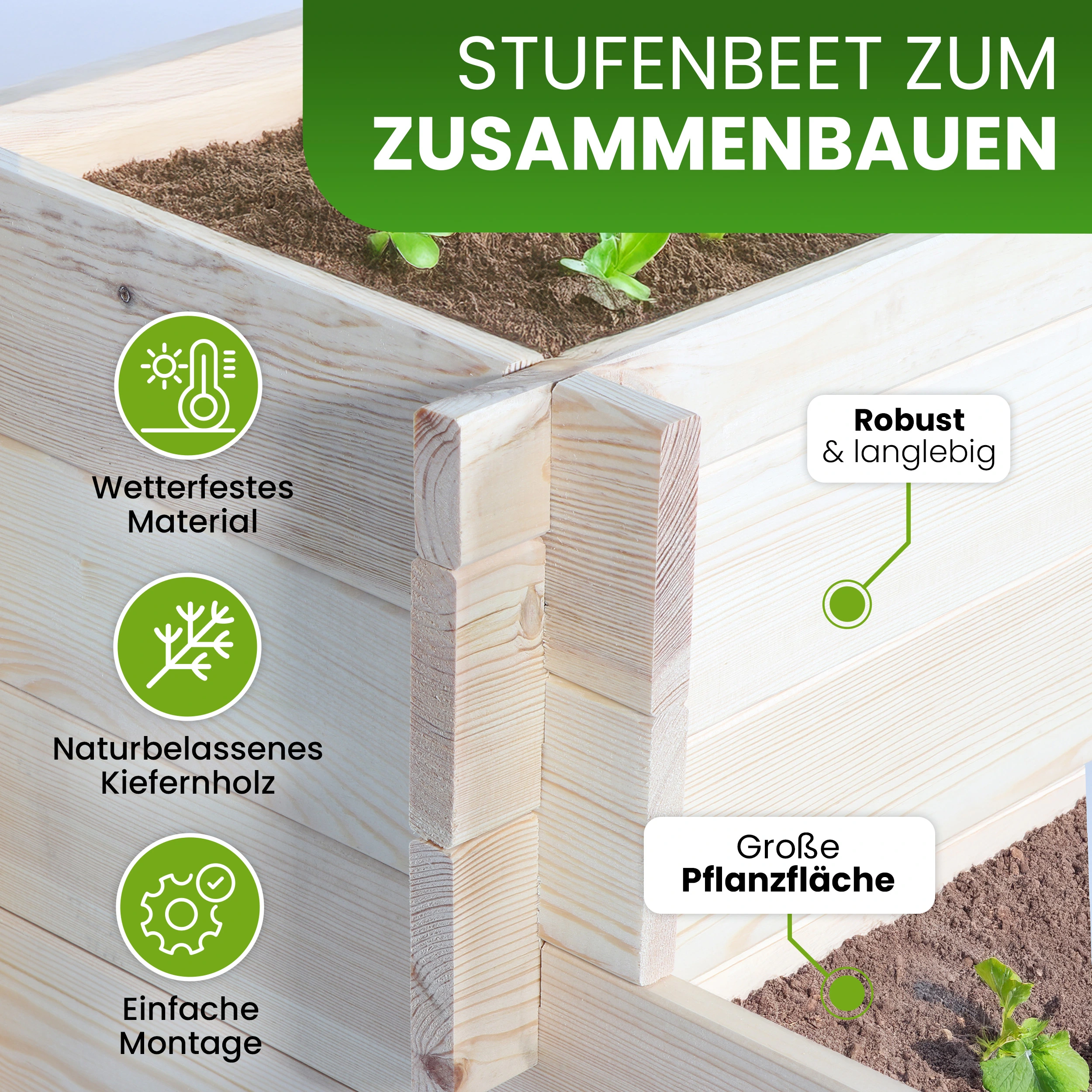 Stufenbeet 90x57xH34 cm aus Kiefer natur Pflanzkasten Beet für den Garten Pflanztreppe
