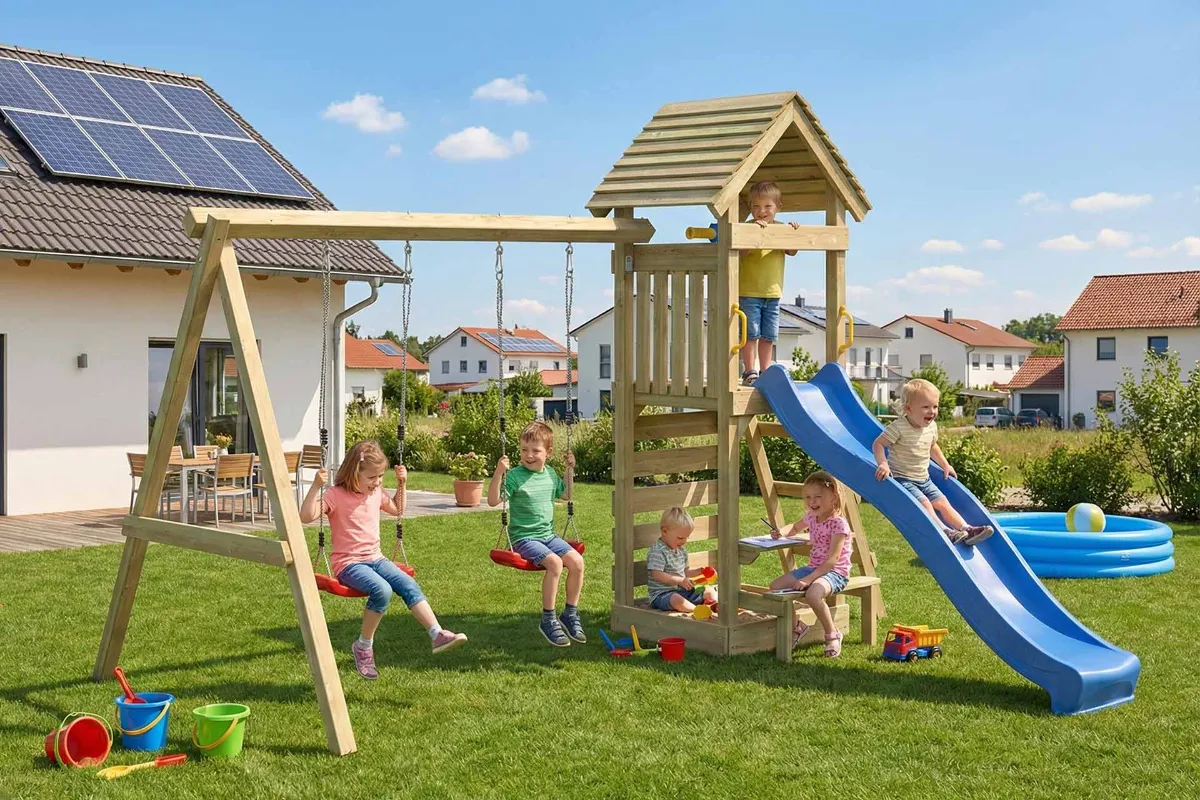 Spielturm Thomas Abenteuer mit Doppelschaukel und Kletterwand