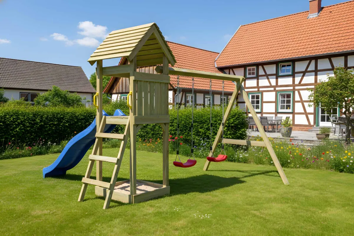 Spielturm Thomas Fun mit Doppelschaukel und Podest
