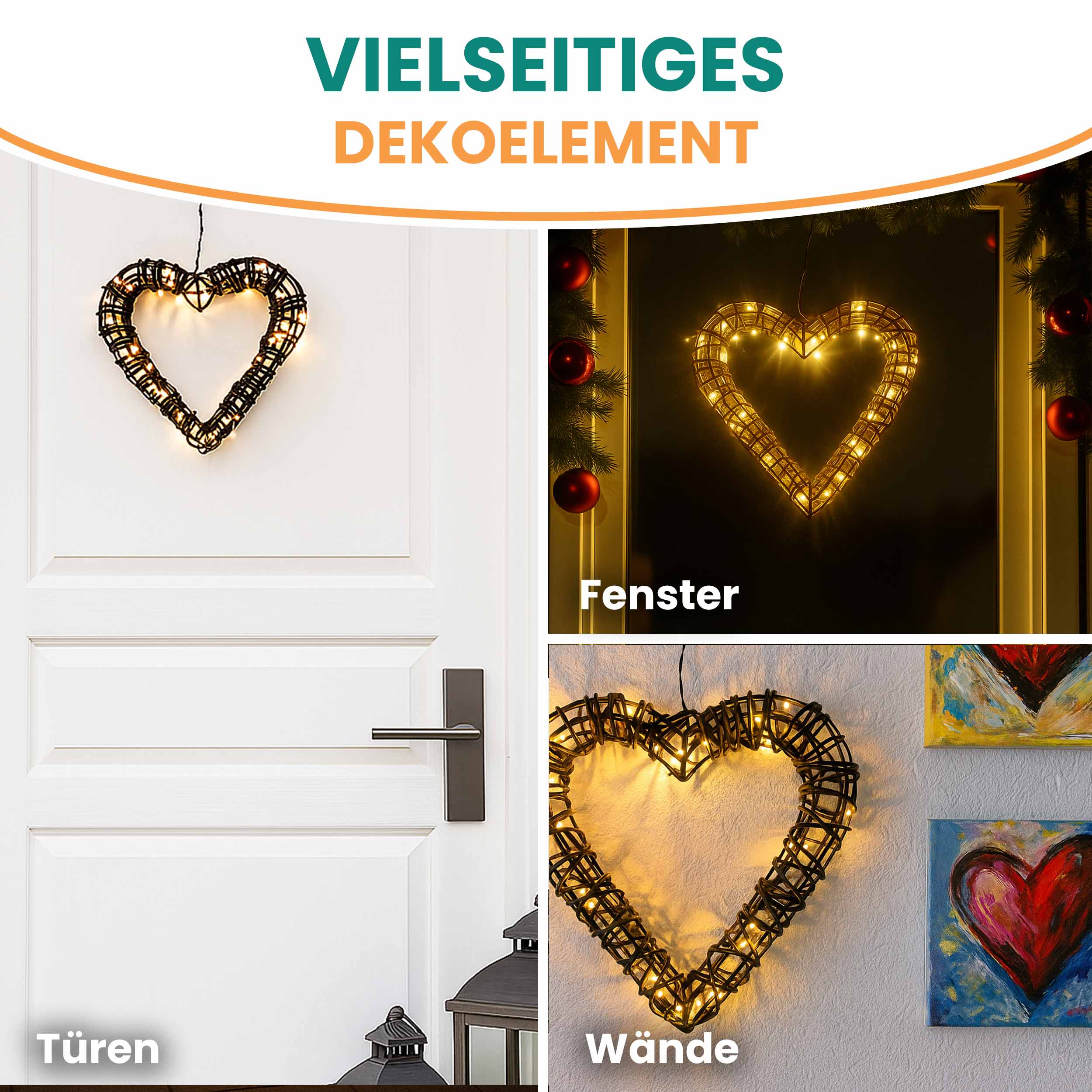 LED Herz Rattan-Optik warmweiß batteriebetrieben mit Timer