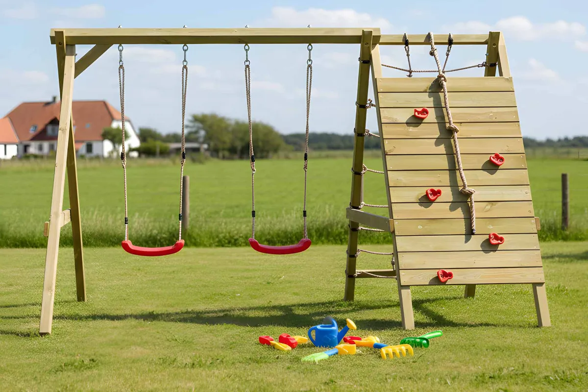 Doppelschaukel Basti mit Kletterwand und Kletternetz