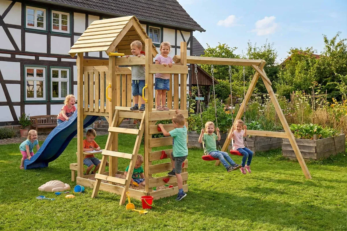 Spielturm Andrea Abenteuer mit Doppelschaukel und Kletterwand