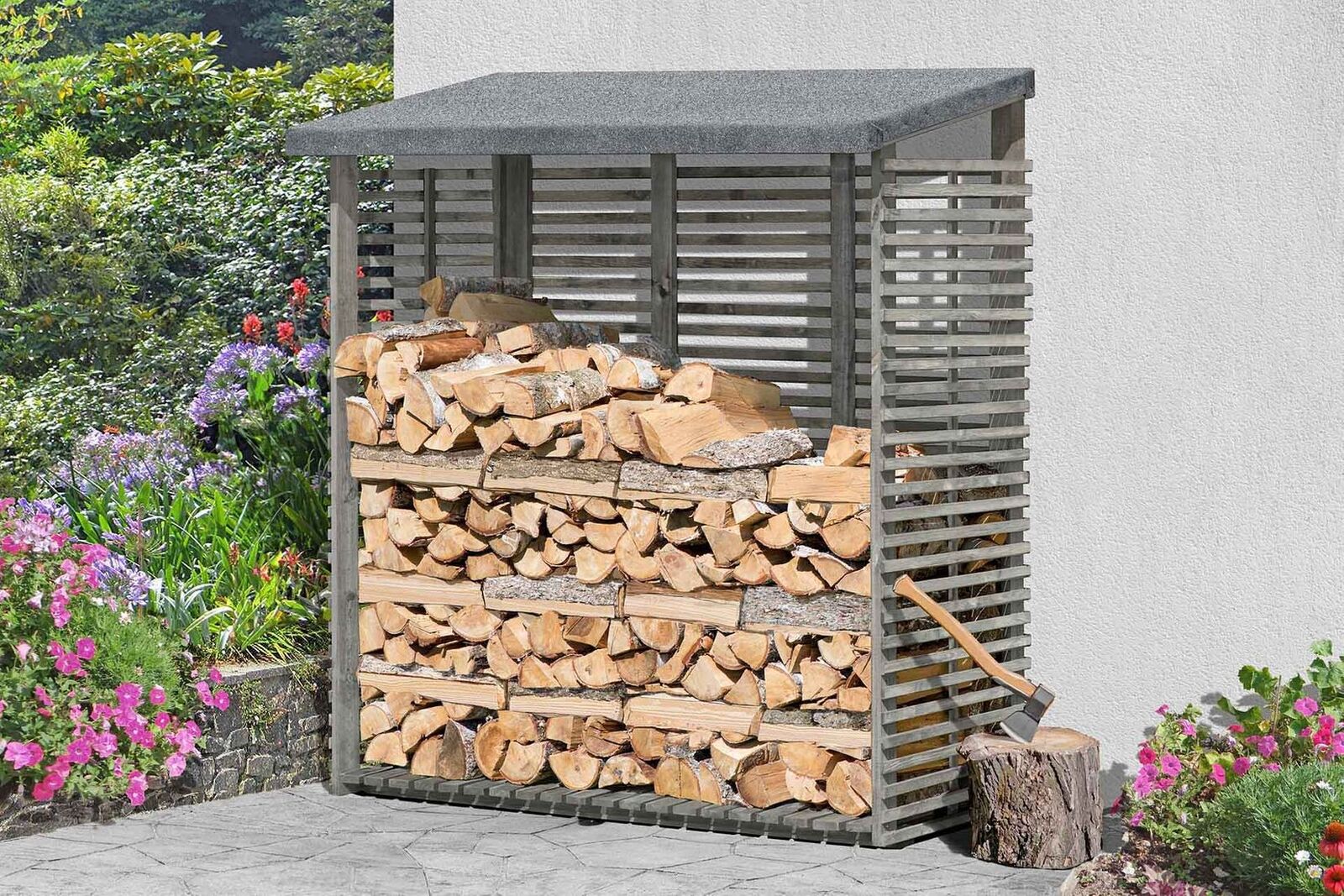 Kaminholzregal mit Rückwand in grau aus Holz Holzlager Kaminholzunterstand