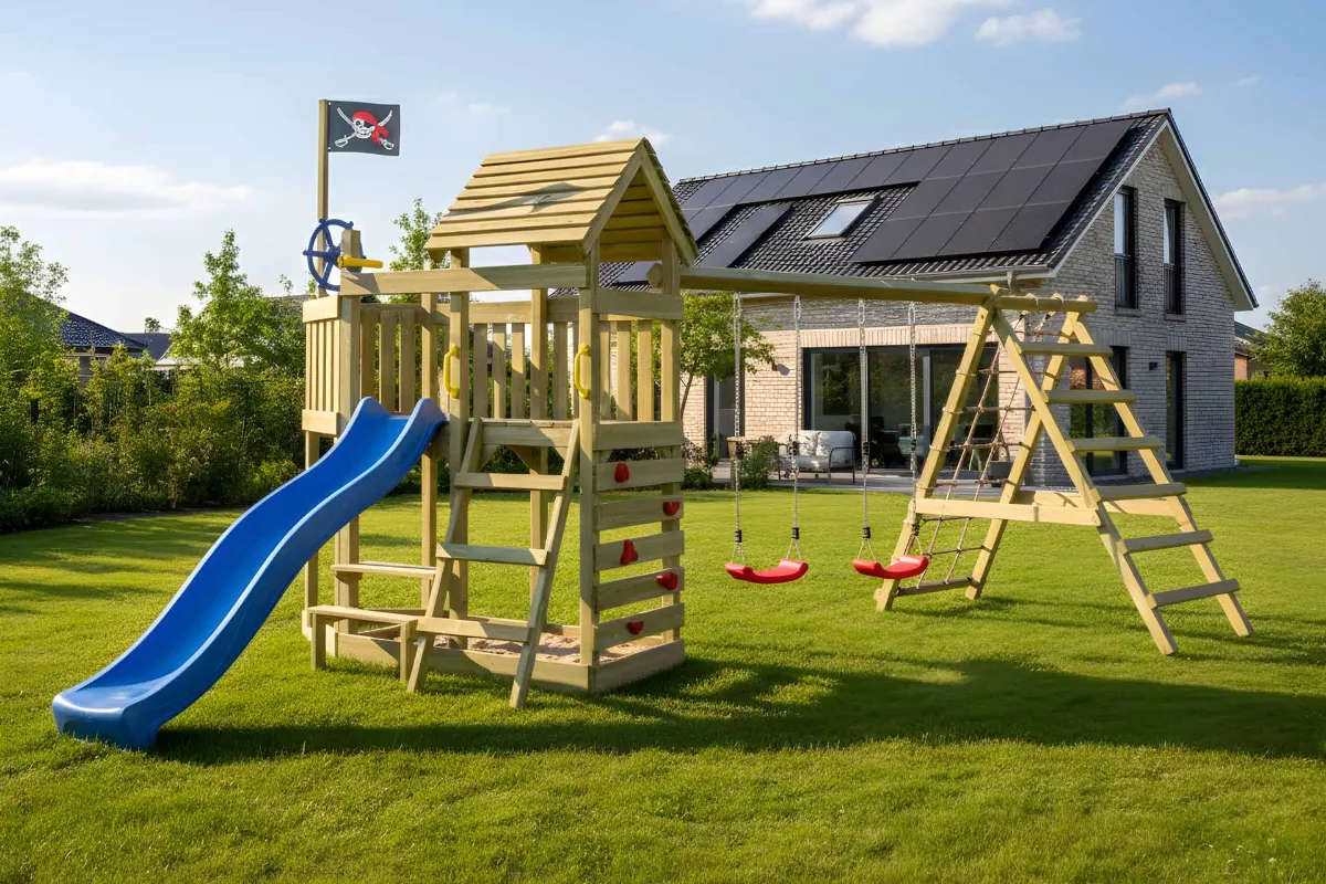 Spielturm Mia Max mit blauer Rutsche Doppelschaukel und großem Kletterbereich