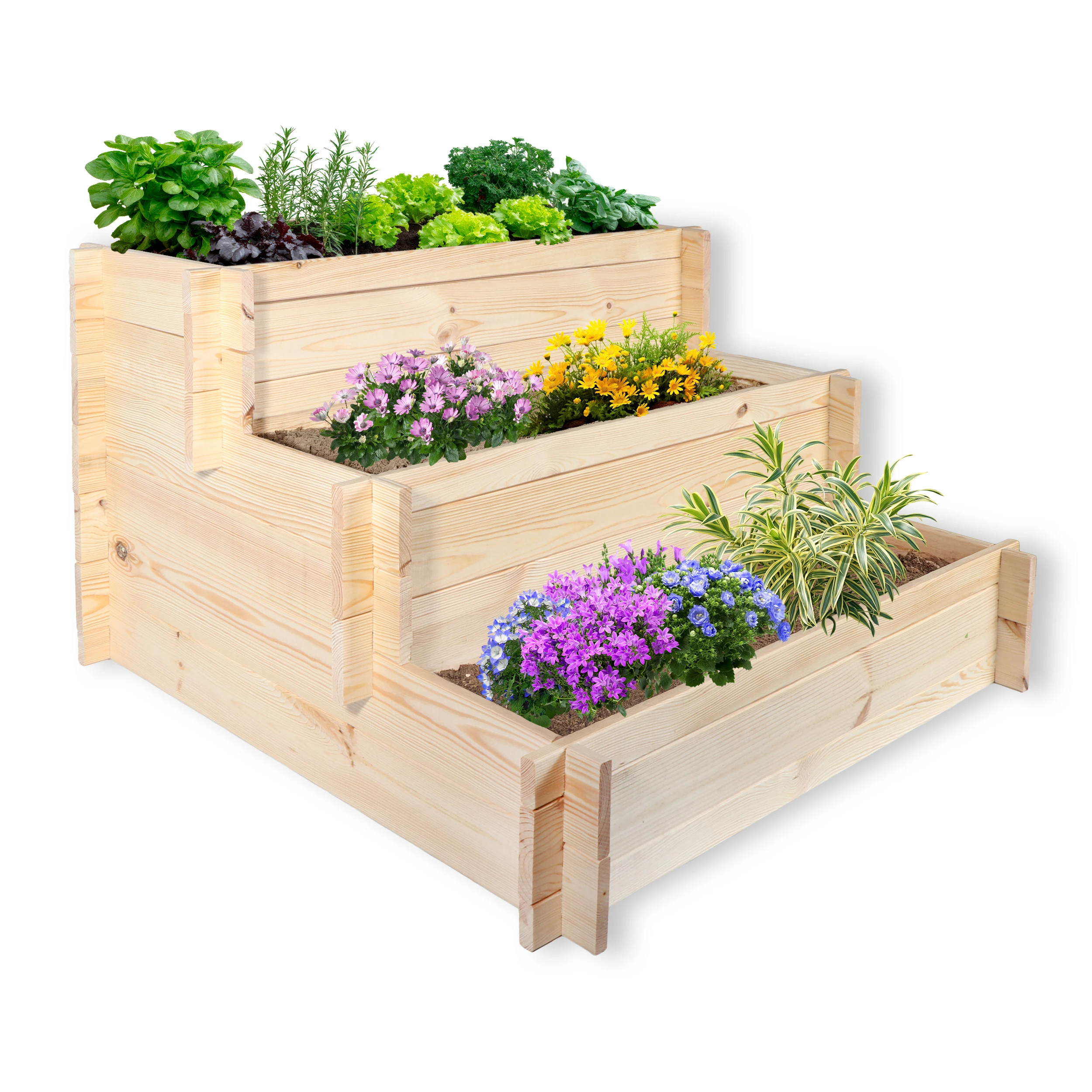 Stufenbeet 90x81xH51 cm aus Kiefer natur Pflanzkasten Beet für den Garten Pflanztreppe