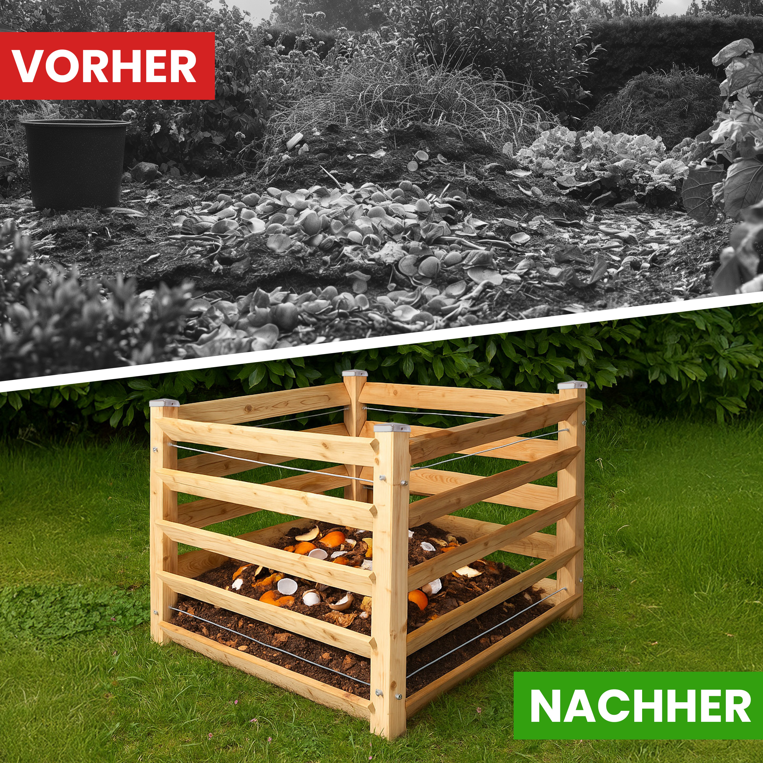 Moderner Komposter Single 80x80xH80 cm aus Lärchenholz Massivholz Steckkomposter Kompostsilo Holzkomposter