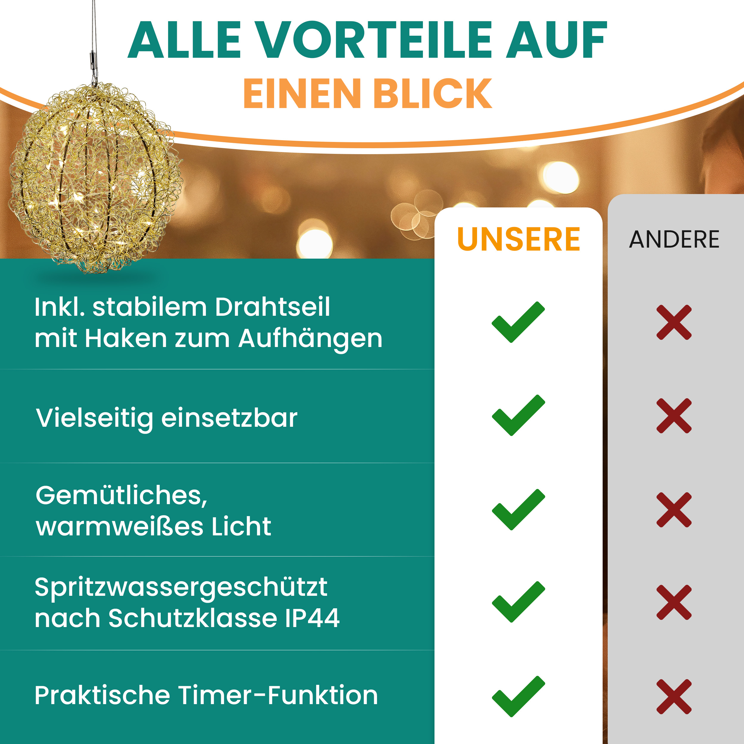 3D Drahtkugel Gold Ø 30 cm mit 80 LED warmweiß Timer-Funktion IP44