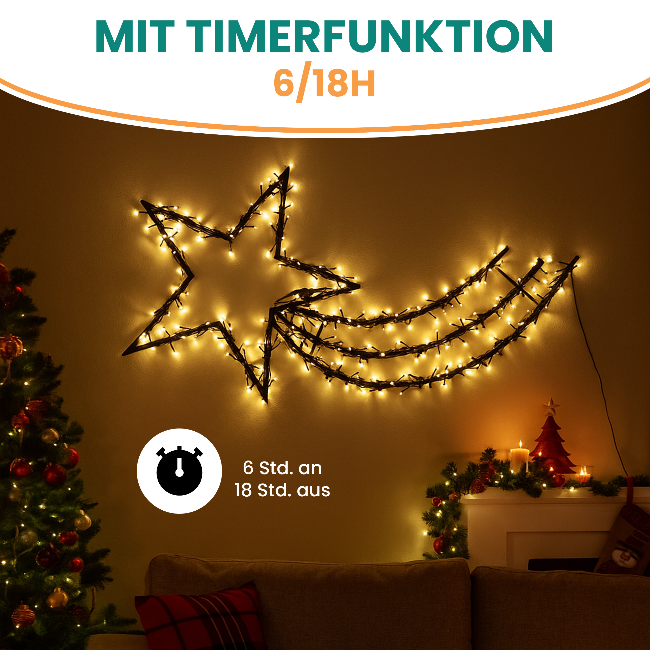 Sternschnuppe 60 x 115 cm mit Erdspieß Silhouette Komet 350 LED warmweiß Timer