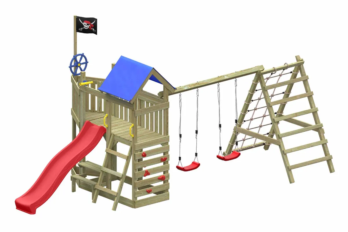 Spielturm Georg Max mit roter Rutsche Kletternetz Kletterwand und Doppelschaukel