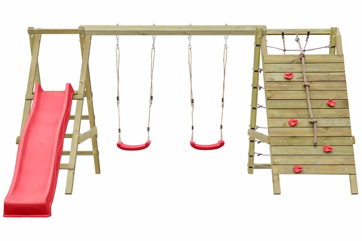 Doppelschaukel Sarah mit Kletternetz Kletterwand und roter Rutsche