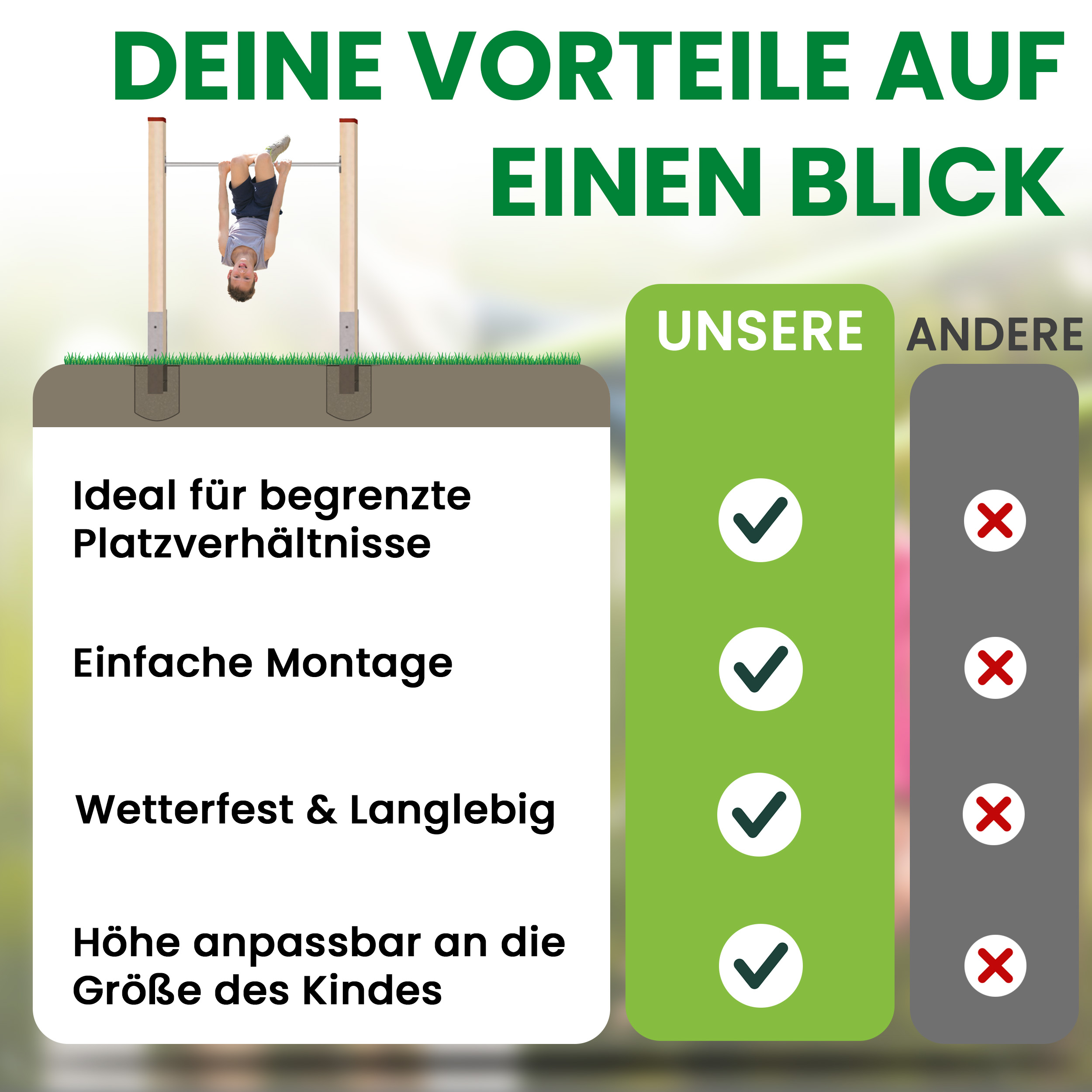 7zMLsPVC4BDa9o Turnreck aus Kantholz Kiefer imprägniert mit Edelstahl-Reckstange und H-Anker