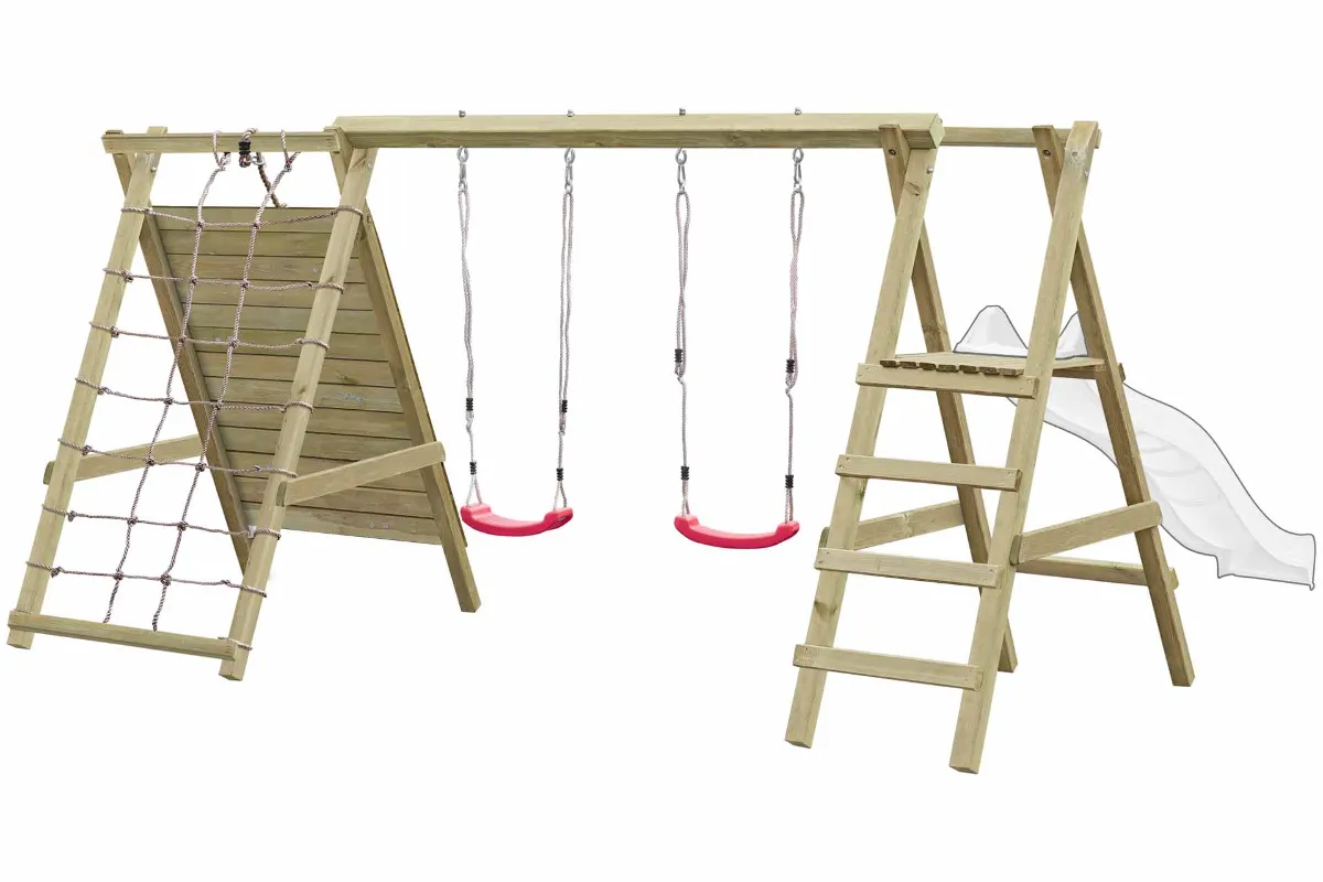 Gartenpirat Doppelschaukel Sarah mit Kletternetz Kletterwand und Podest