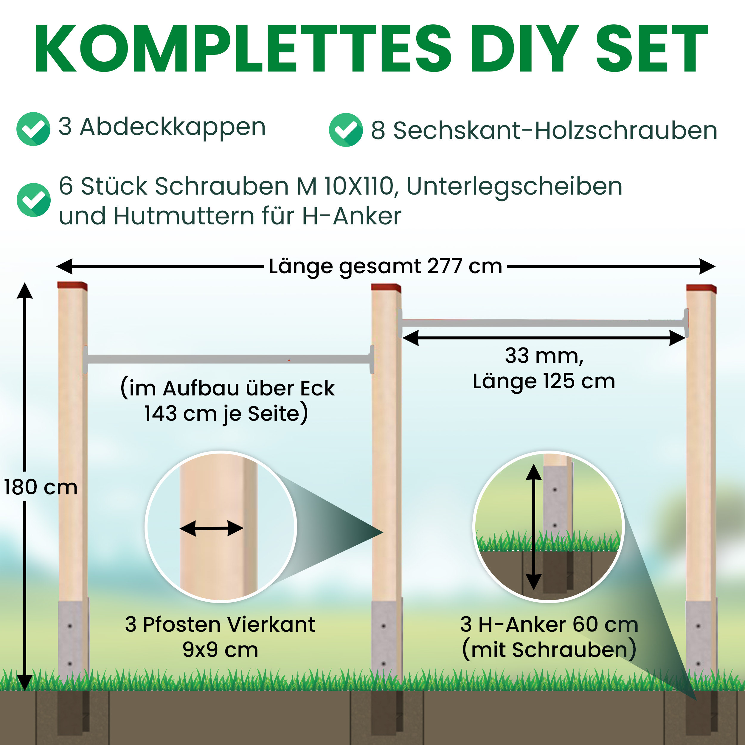 Turnreck aus Kantholz Kiefer imprägniert mit Edelstahl-Reckstange und H-Anker