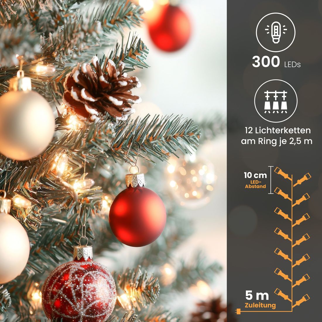 Baum-Lichterkette 300 LED mit Ring und 12 Strängen 2 bis 2,2 m