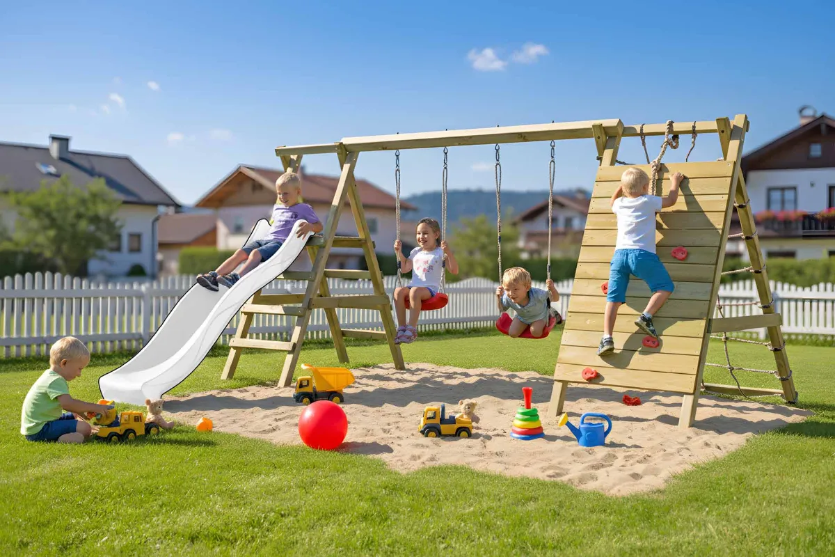 Gartenpirat Doppelschaukel Sarah mit Kletternetz Kletterwand und Rutsche