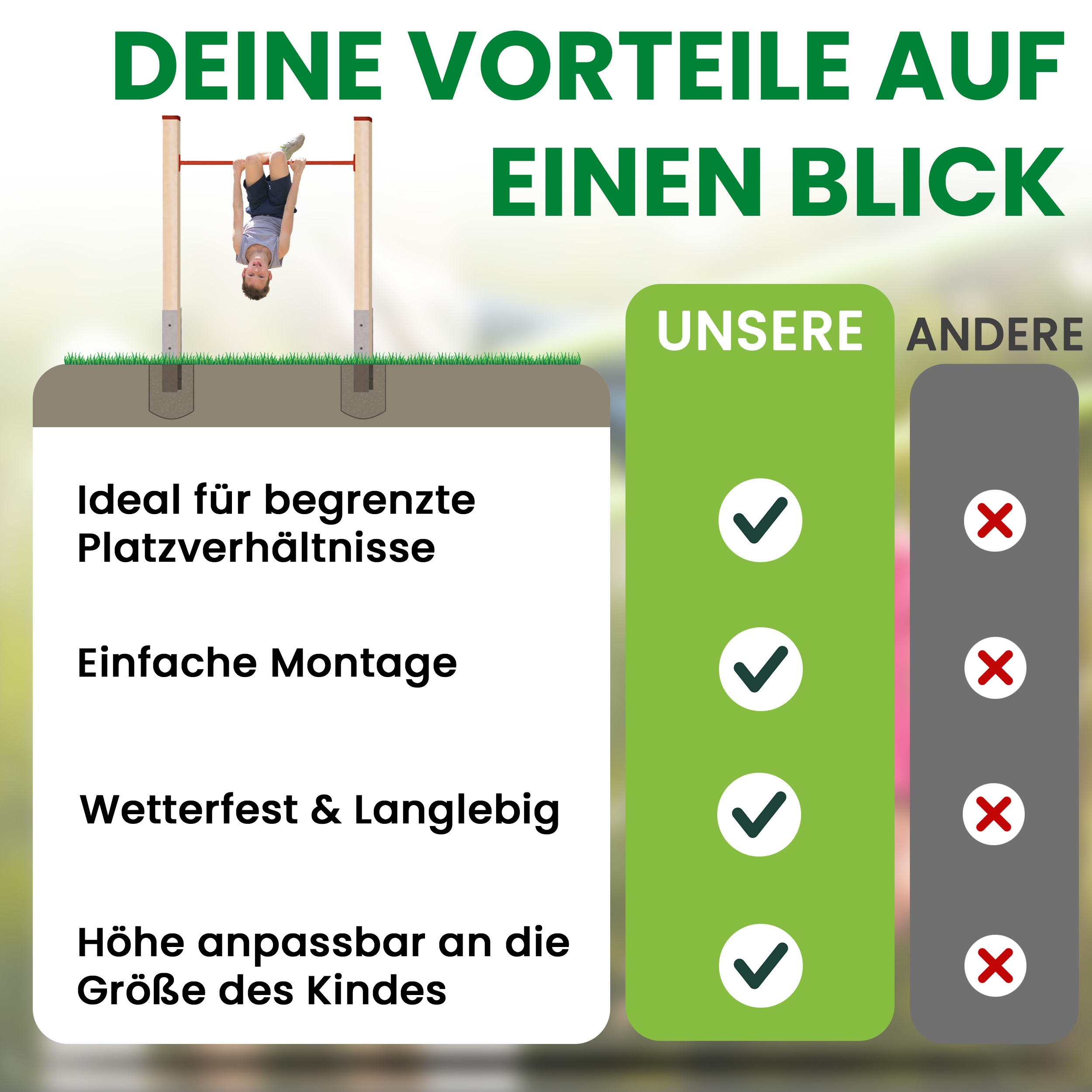 7tZ9b7xPWOgHvm Turnreck aus Kantholz Kiefer imprägniert mit Reckstange rot und H-Anker
