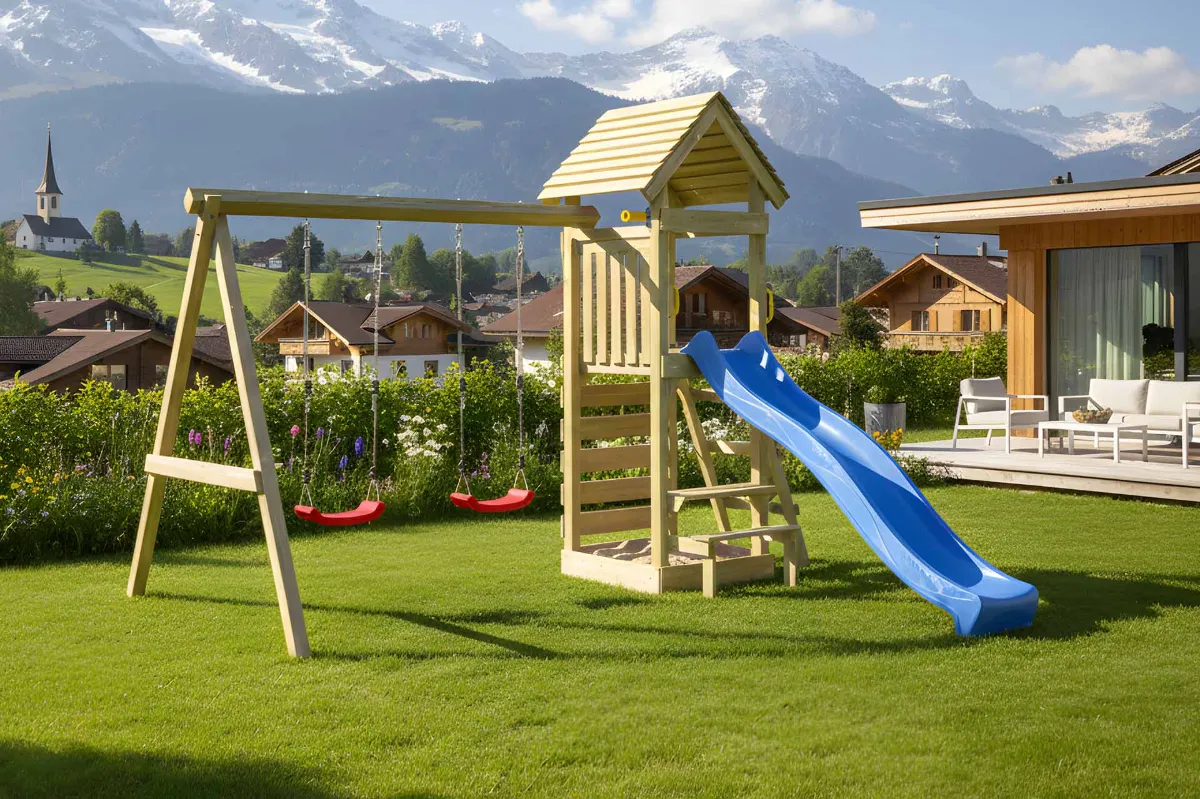 Spielturm Thomas Abenteuer mit Doppelschaukel und Kletterwand