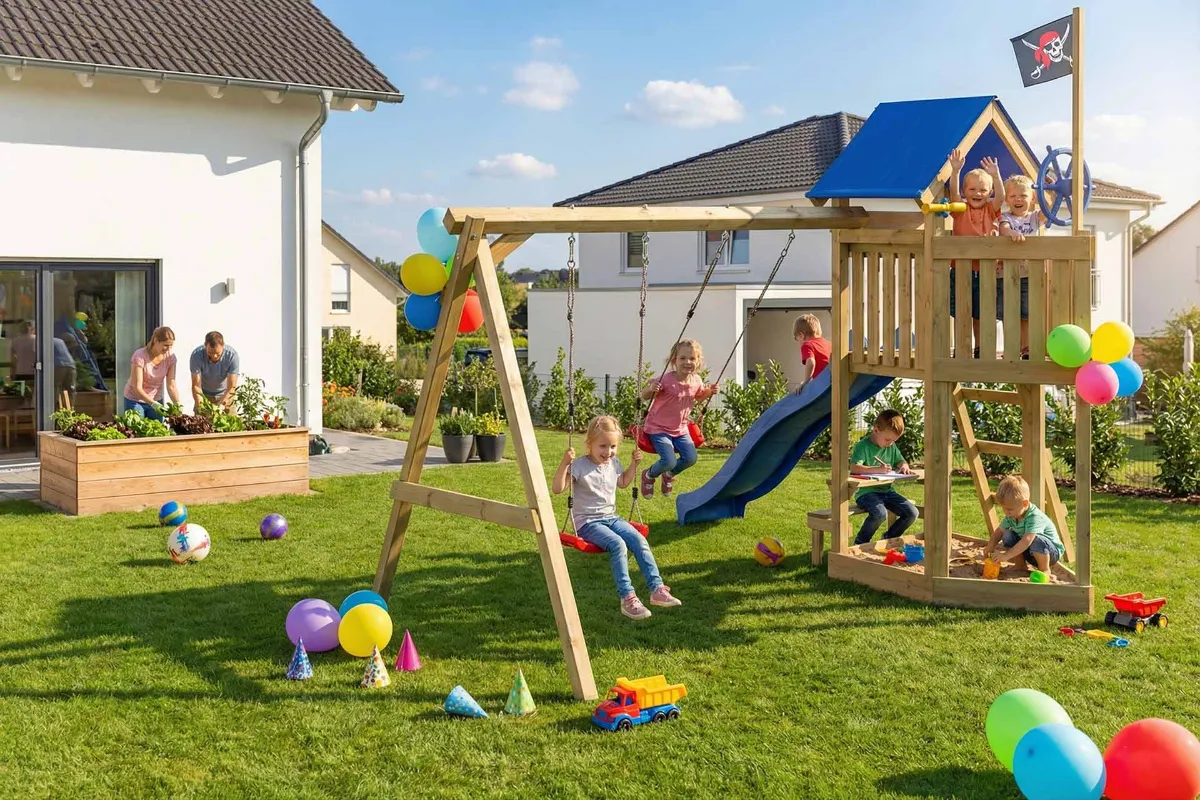 Spielturm Peter Abenteuer mit Doppelschaukel Tisch und Leiter