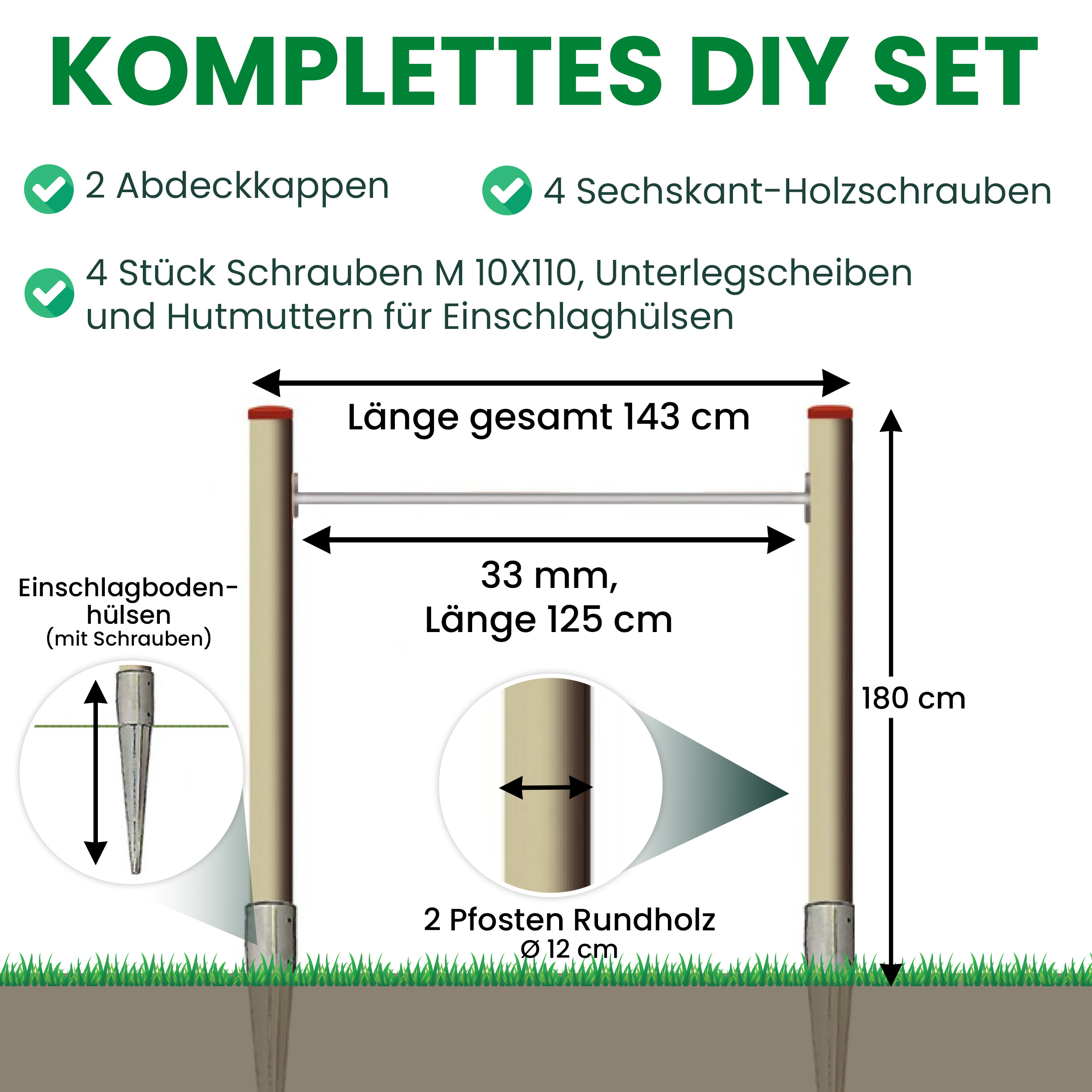 6XuXYmhep4kpAm Turnreck aus Lärchenholz ⌀ 12 cm mit Edelstahl-Reckstange und Einschlaghülsen