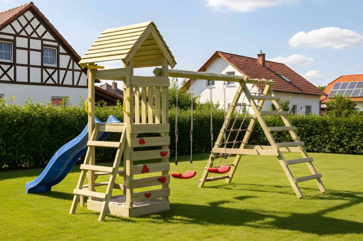 Spielturm Thomas Max mit Doppelschaukel Kletterwand und Kletternetz