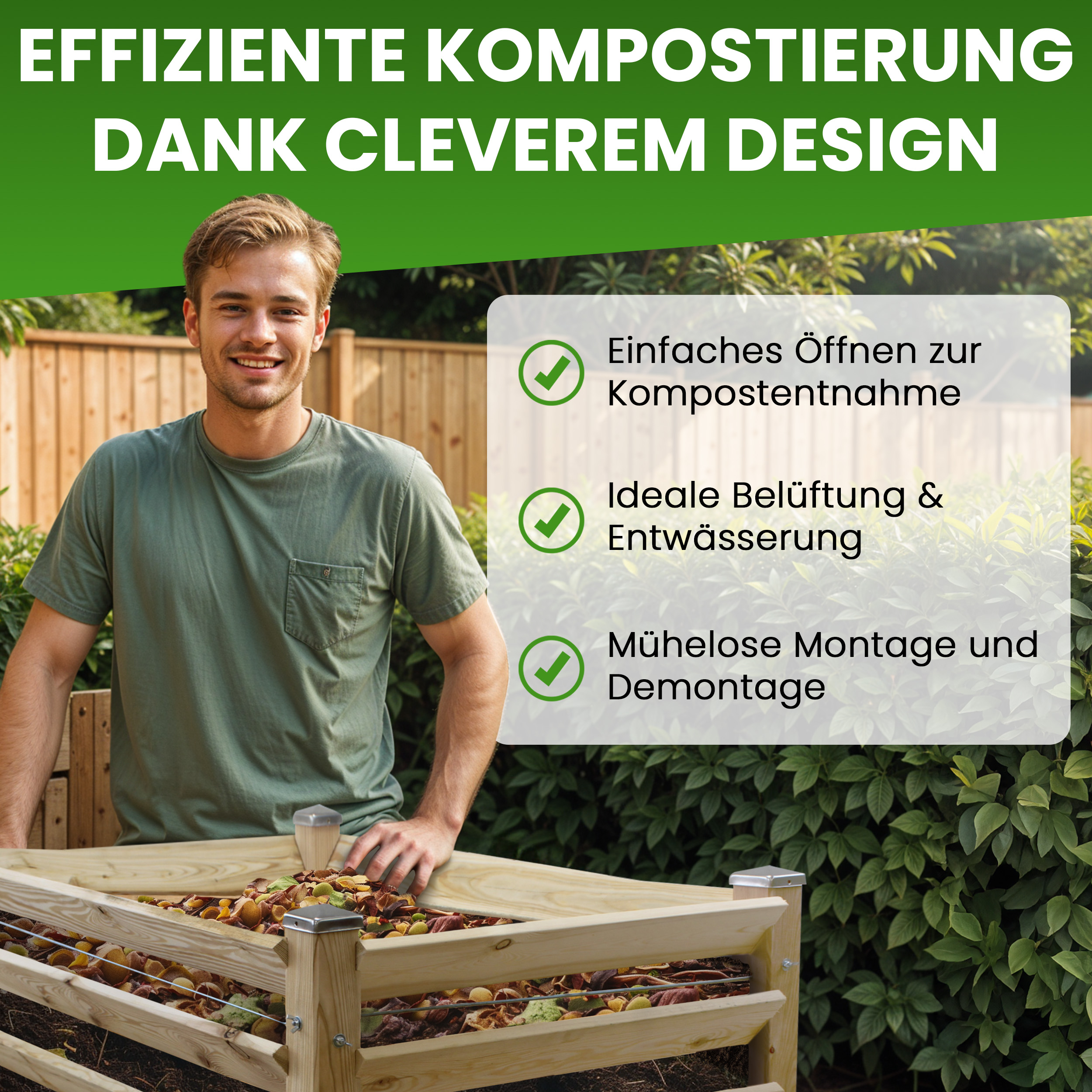 Moderner Komposter Single 100x100xH100 cm aus Lärchenholz Massivholz Steckkomposter Kompostsilo Holzkomposter