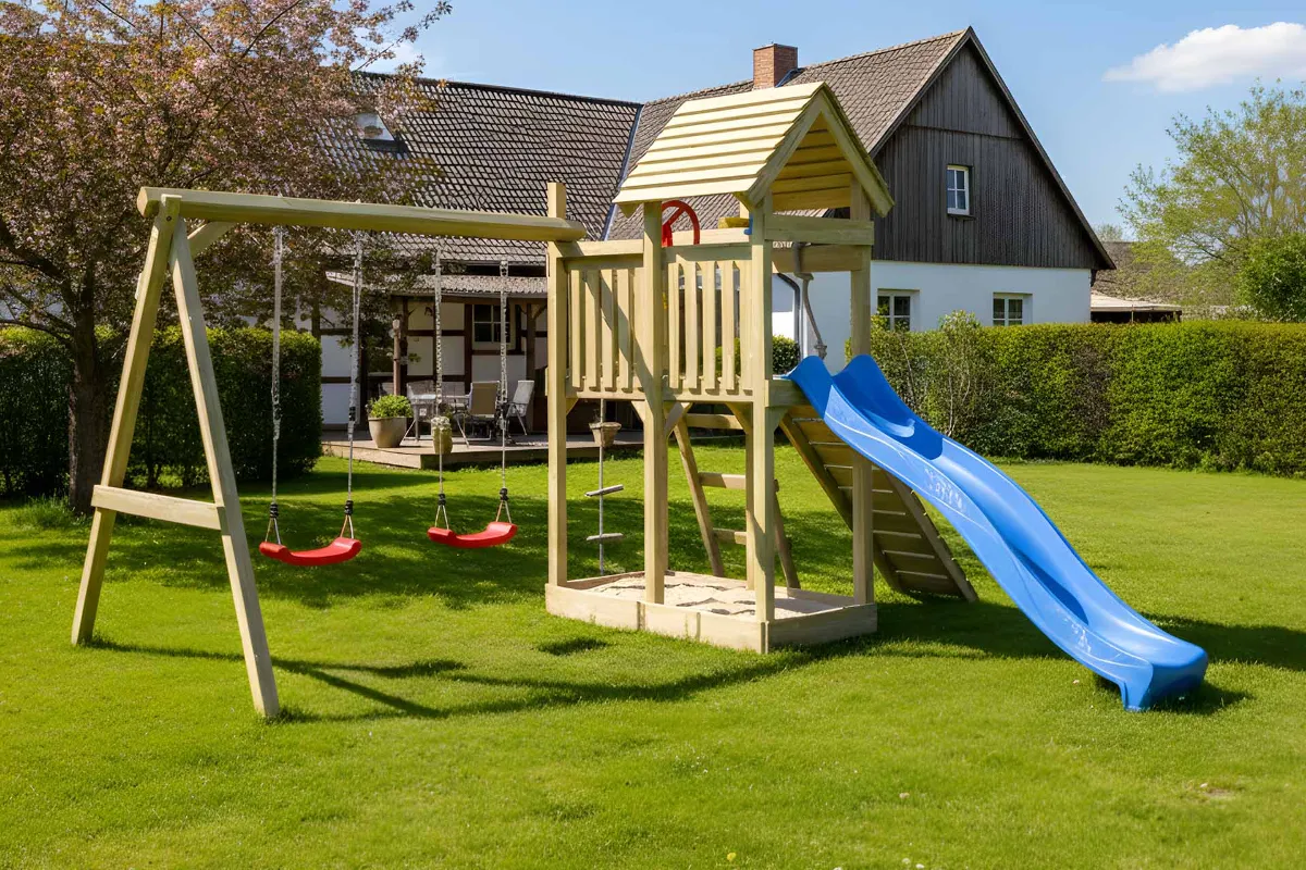 Spielturm Cris Fun mit Kletterrampe und Doppelschaukel