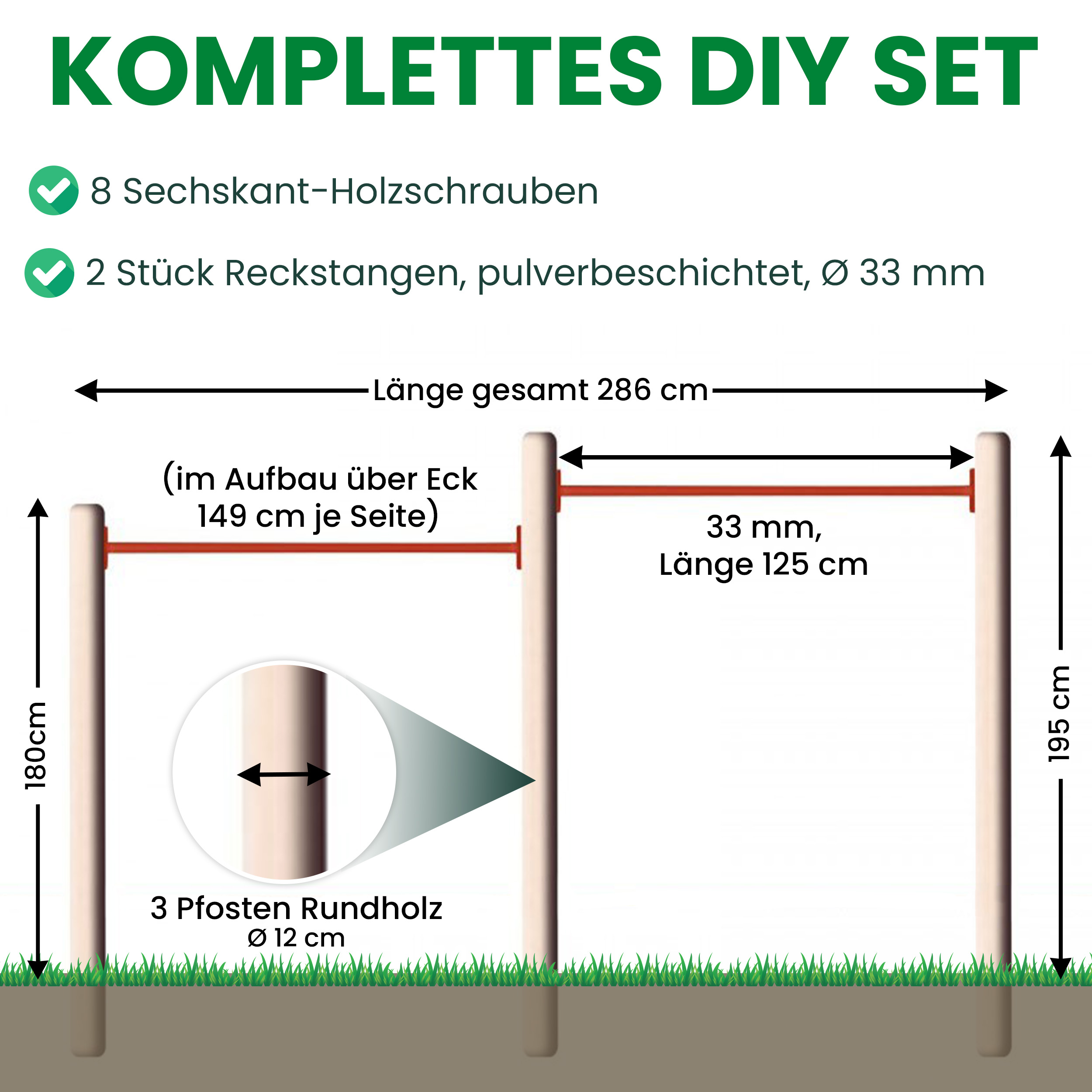 Turnreck aus Rundholz mit Reckstange rot Kletterstange Turnstange für draußen