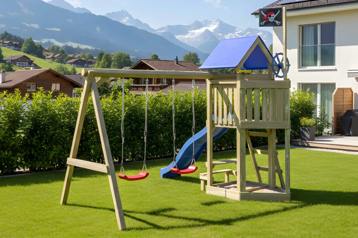 Spielturm Peter Abenteuer mit Doppelschaukel Tisch und Leiter