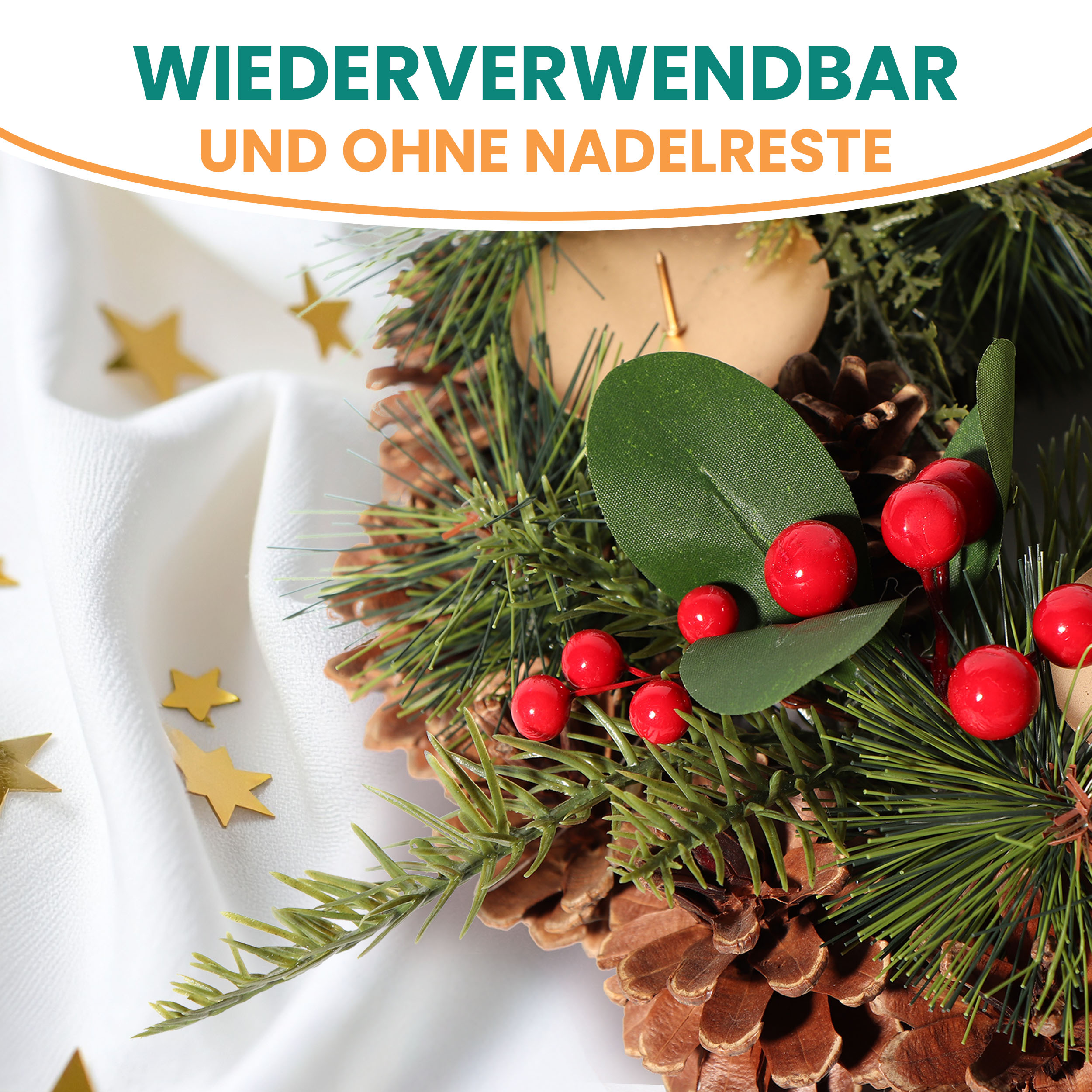 Künstlicher Adventskranz Weihnachtsdeko mit echten Zapfen und roten Beeren geschmückt