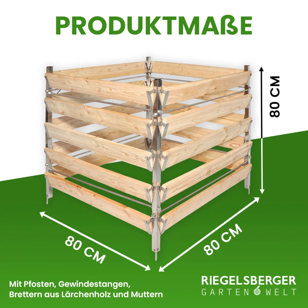 Eleganter Komposter Single 80x80xH80 cm aus Lärche mit Edelstahlpfosten
