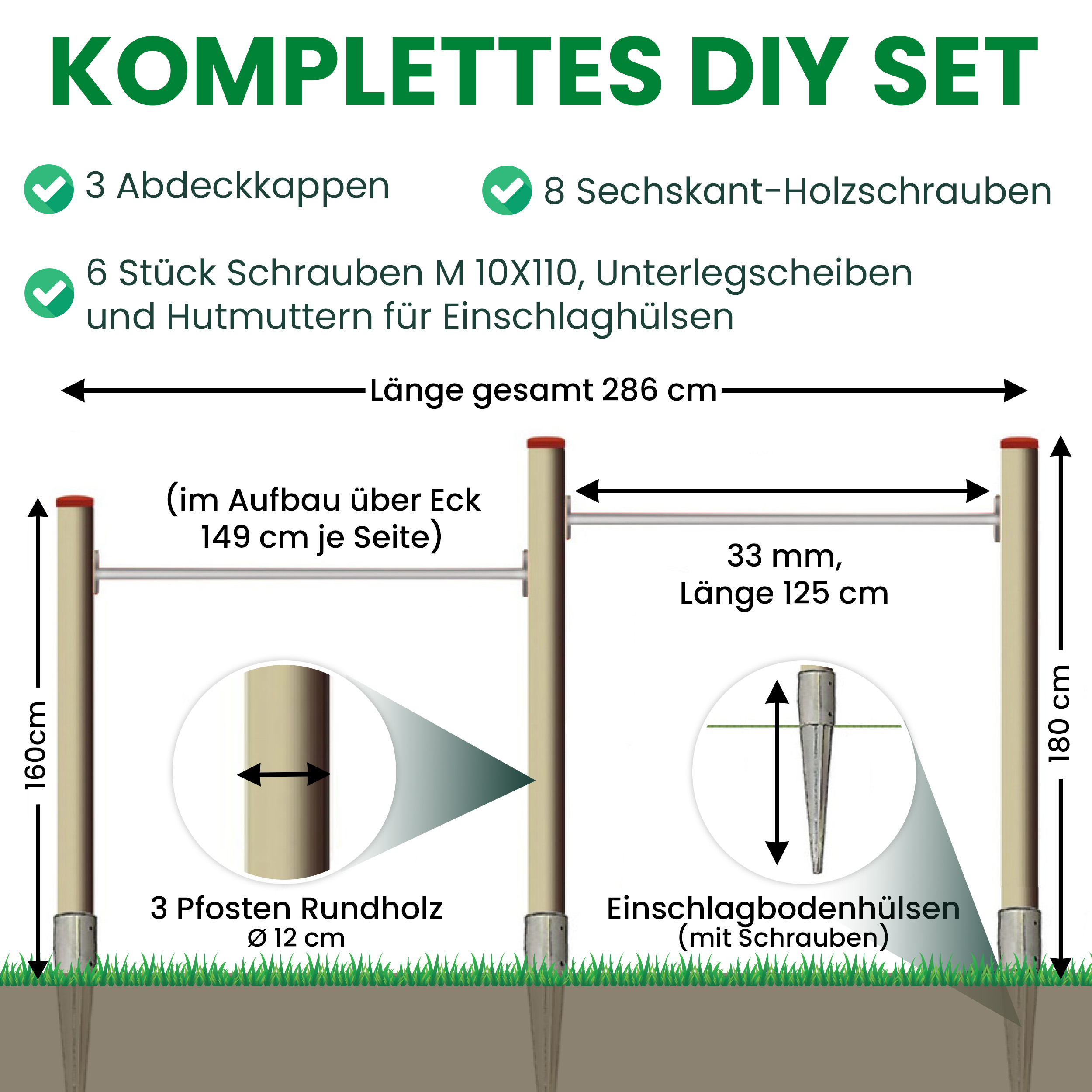 Turnreck aus Lärchenholz ⌀ 12 cm mit Edelstahl-Reckstange und Einschlaghülsen
