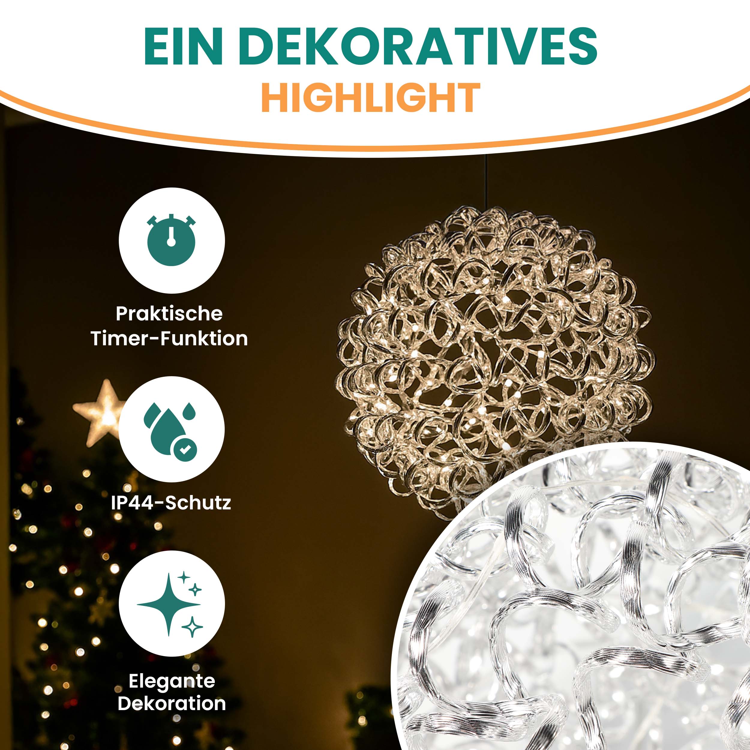 3D Drahtkugel Aluminium Ø 40 cm mit 200 LED warmweiß Timer-Funktion IP44