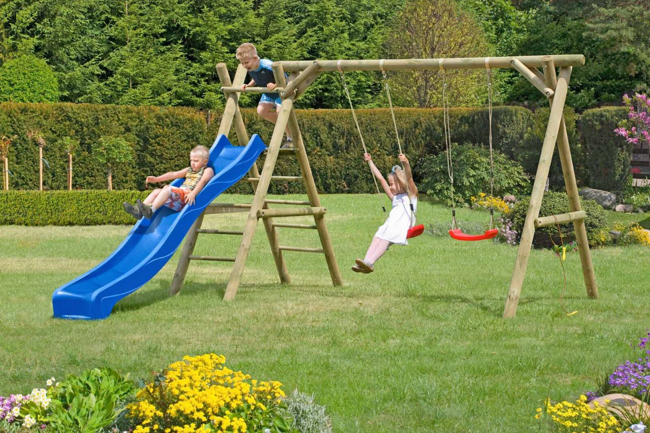 Schaukelgerüst Classic Modell 4.2 aus Holz mit Rutsche, Doppelschaukel und Leiter mit Podest