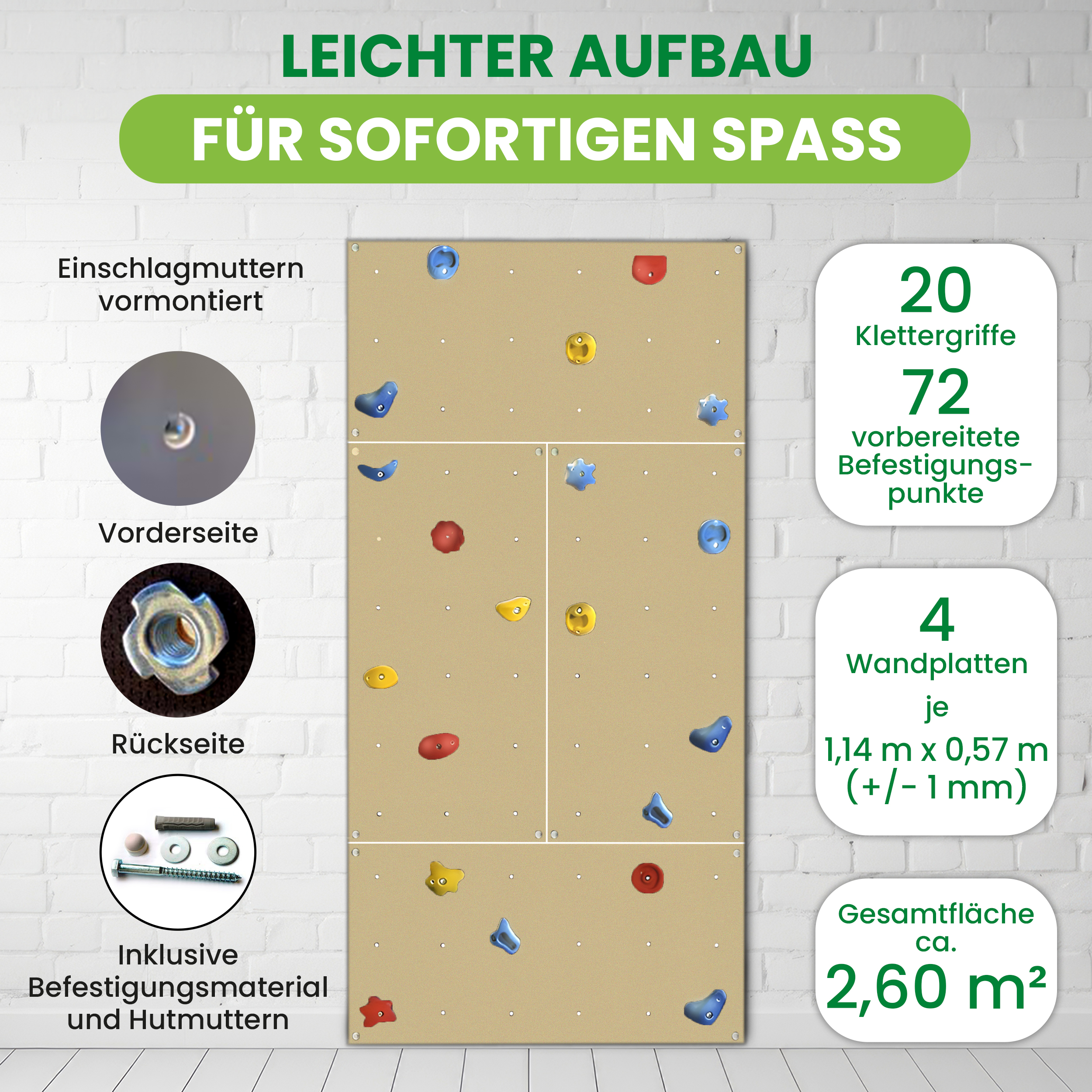 Kletterwand Indoor mit bunten Klettersteinen und Montagematerial für Kinder und Erwachsene