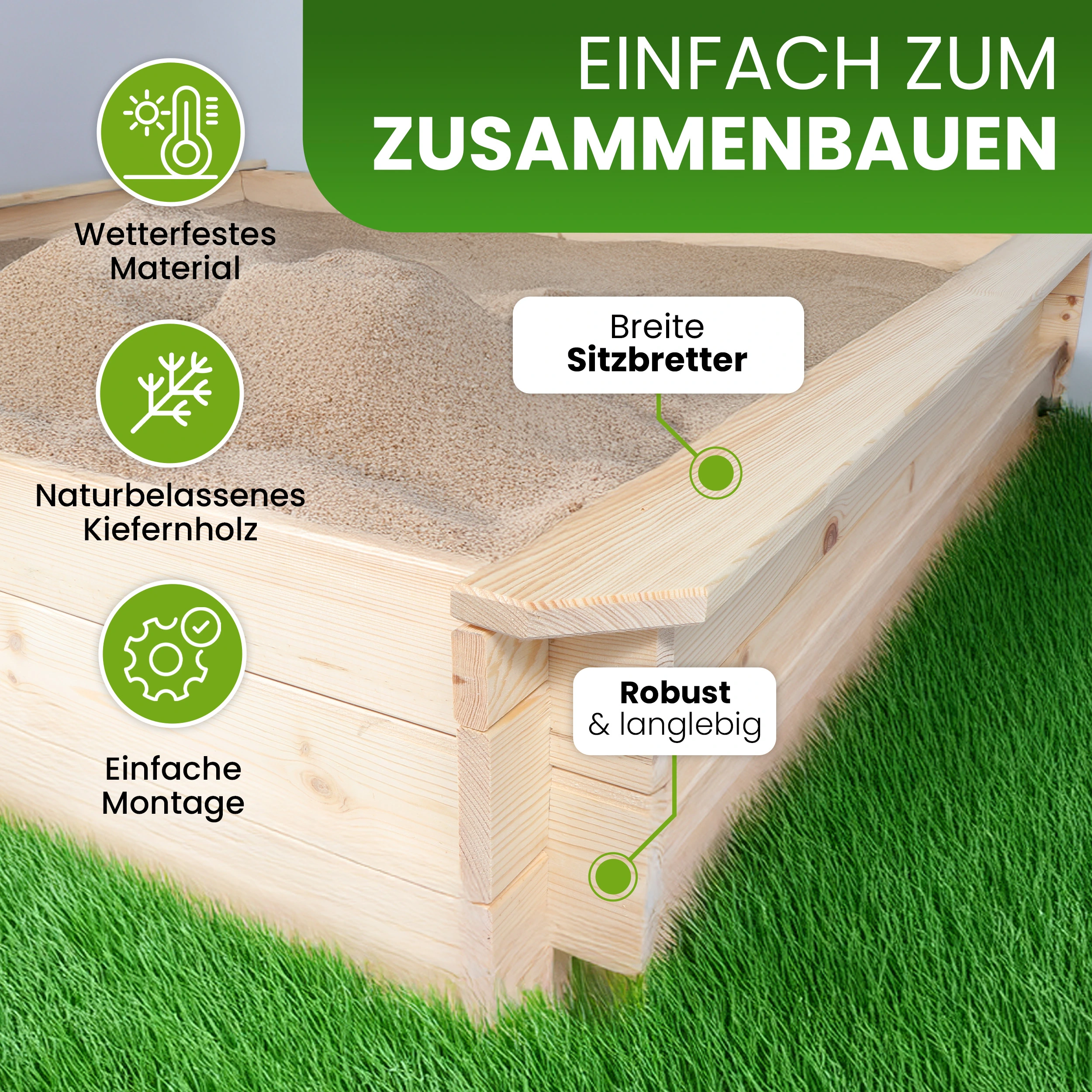 Sandkasten Nicki 147x147 cm Kiefer Naturholz Sandkiste Buddelkiste Spielkasten Sandbox