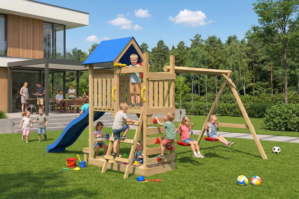 Spielturm Lucia Abenteuer mit Doppelschaukel und Kletterwand