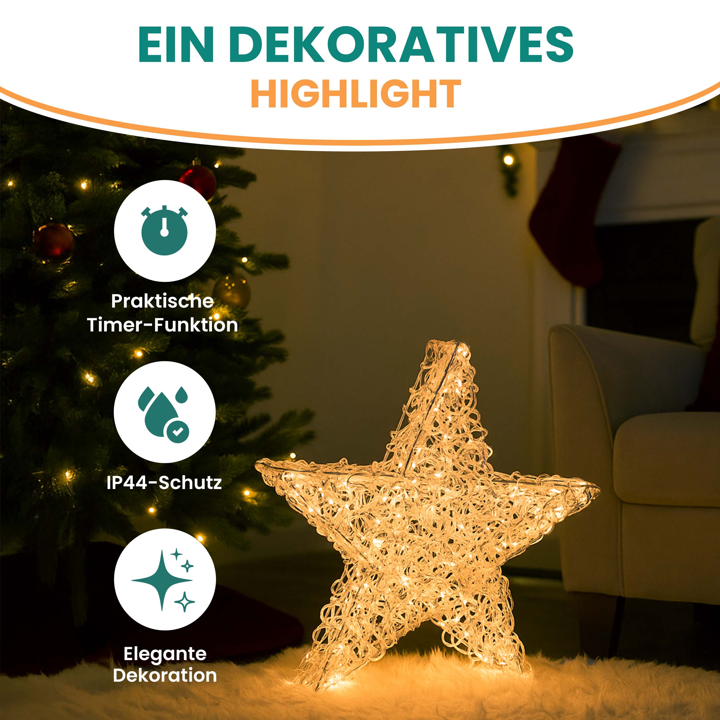 Aluminiumstern XXL Ø 60 cm mit 300 LED warmweiß Timer-Funktion IP44 
