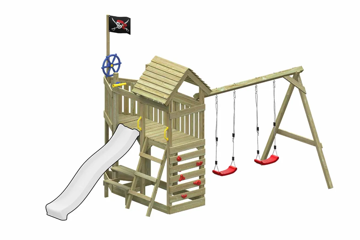 Spielturm Mia Abenteuer mit Doppelschaukel und Kletterwand