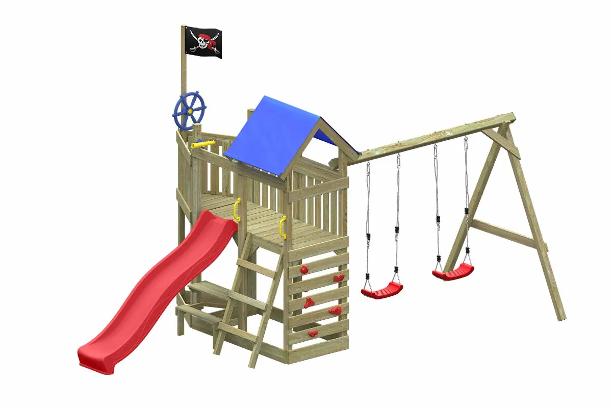 Spielturm Georg Abenteuer mit roter Rutsche Doppelschaukel und Kletterwand