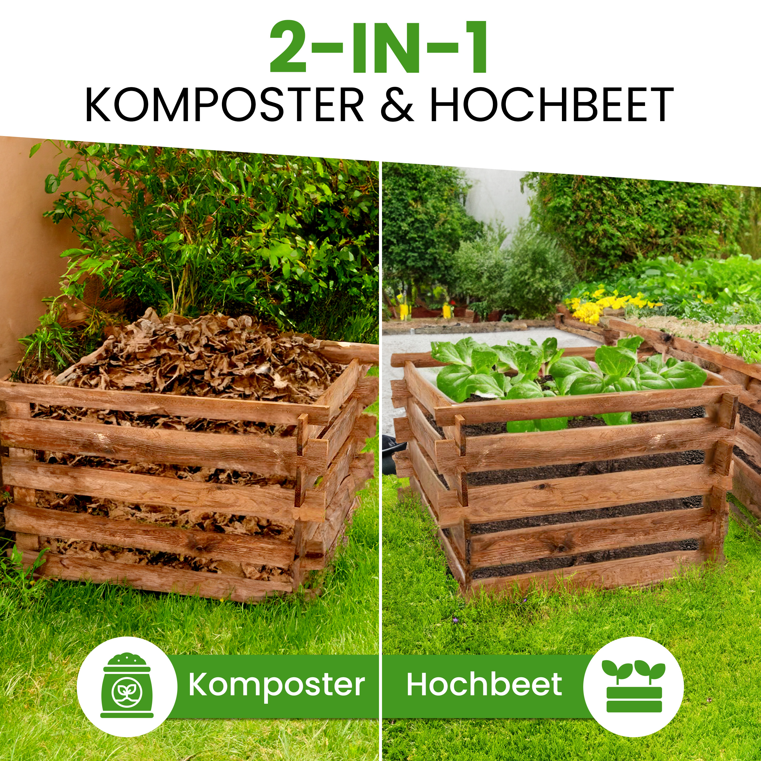 5NNjfqVXQKvi2y Komposter 90x90x70 cm für den Garten aus Holz mit Stecksystem Kompostsilo